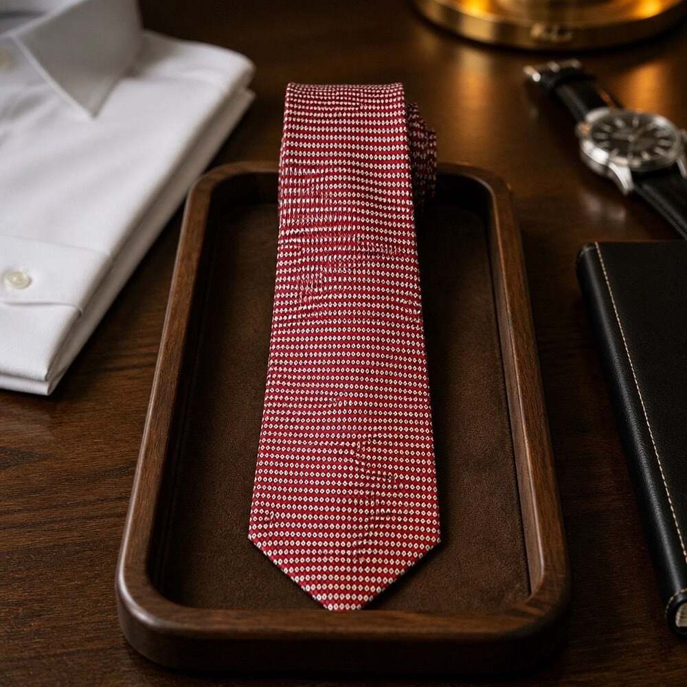 Tommy Hilfiger Red and White Geometric Pattern Silk Necktie
